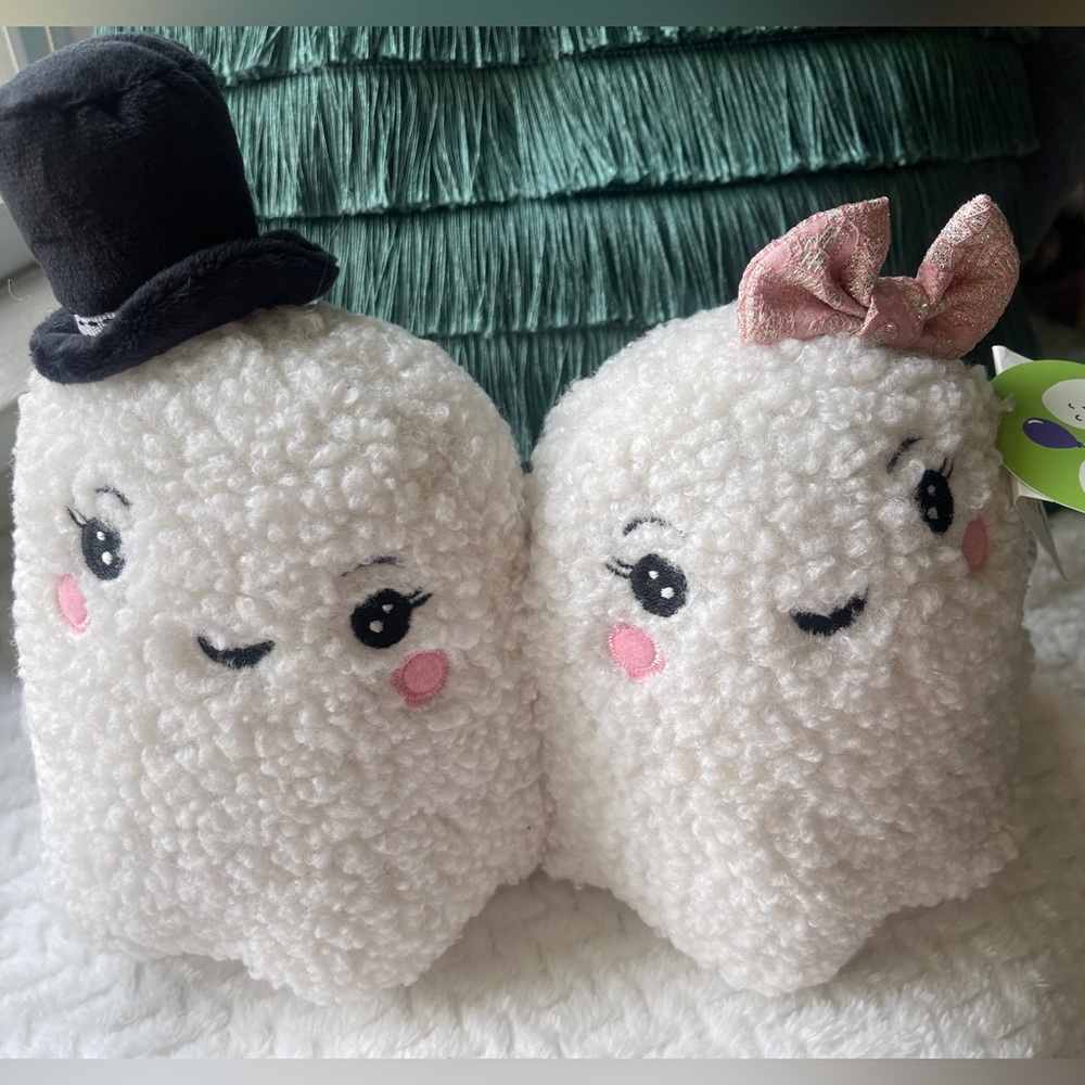 Halloween Ghost Sherpa Couple 🎩🩷👻 Pinkoween weighted plush NWT